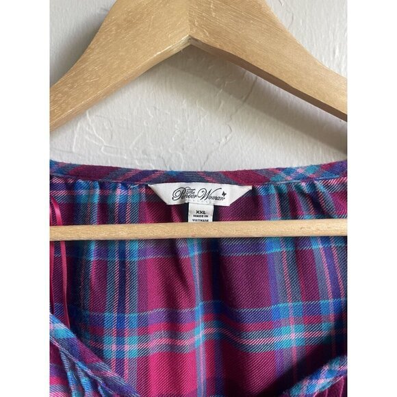 The Pioneer Woman Pink Blue Purple Plaid Peasant Top Flannel Embroidered Size XX - Picture 7 of 8